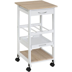 Chariot de service desserte de cuisine à roulettes 2 étagères + plateau amovible + tiroir bois de pin mdf blanc chêne clair