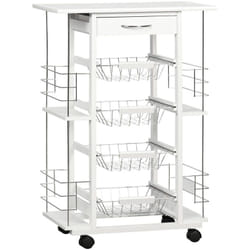 Chariot de service desserte de cuisine à roulettes multi-rangements 4 paniers métal tiroir + 4 range-bouteilles bois pin plateau carrelé blanc