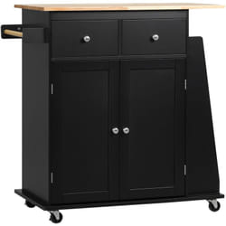 Desserte de cuisine multi rangements 2 tiroirs placard 2 portes avec étagère 3 range-bouteilles porte-torchons mdf noir hévéa