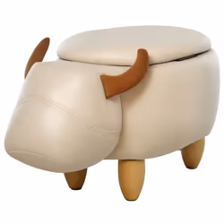 Tabouret vache - pouf vachette - pouf taureau coffre de rangement 2 en 1 - pieds bois d'hévéa revêtement synthétique crème