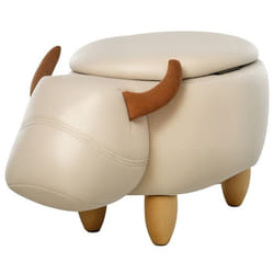 Tabouret vache - pouf vachette - pouf taureau coffre de rangement 2 en 1 - pieds bois d'hévéa revêtement synthétique crème