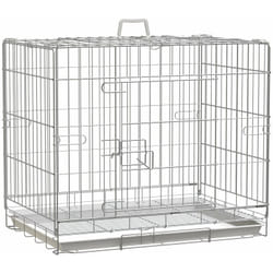 Cage pour chien pliable - plateau excrément coulissant - 2 portes verrouillable, poignée - dim. 61L x 43l x 50H cm - fer galvanisé pp blanc