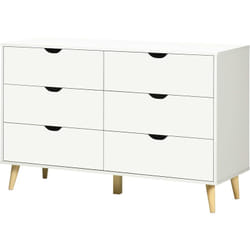 Commode 6 tiroirs design scandinave piètement effilé incliné bois pin panneaux blanc