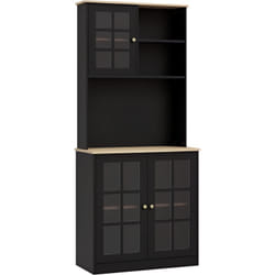 Armoire de cuisine multi-rangements 3 portes vitrine verre avec étagère 2 niches grand plateau MDF noir chêne