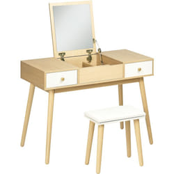 Homcom - Coiffeuse avec tabouret style scandinave - 2 tiroirs, compartiment porte miroir - panneaux aspect chêne clair blanc