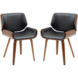 Lot de 2 chaises design vintage piètement châssis bois peuplier aspect noyer revêtement mixte synthétique tissu noir
