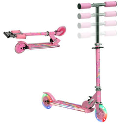 Trottinette pliable enfant à partir de 3 ans roues repose-pied LED frein à friction arrière hauteur guidon réglable 4 niv. métal rose