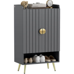Homcom - Meuble à chaussures style art déco 2 portes 3 étagères réglables niche acier doré panneaux gris
