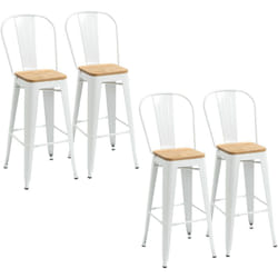 Homcom - Lot de 4 tabourets de bar industriel avec dossier repose-pied hauteur assise 76 cm acier blanc bois d'orme