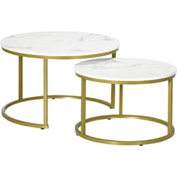 Homcom - Lot de 2 tables basses gigognes rondes style art déco - acier doré panneaux aspect marbre blanc