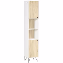 Meuble colonne rangement salle de bain style cosy 2 niches 2 portes avec étagère piètement épingle acier noir blanc aspect ch ...