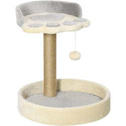 Arbre à chat griffoir design patte de chat jeu boule suspendue panier plateforme observation peluche beige gris jute naturelle