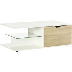 Table basse design contemporain 2 tiroirs 2 niches étagère verre trempé panneaux blanc aspect chêne clair