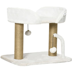 Arbre à chat 2 griffoirs jute naturelle panier jeu 2 boules suspendues avec clochettes peluche blanche