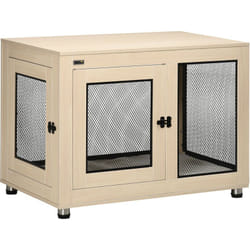 Cage pour chien sur pied style industriel - 2 portes verrouillables, coussin inclus - acier maillé noir panneaux aspect bois clair
