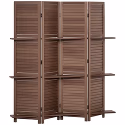 Paravent intérieur 4 panneaux 3 étagères pliables séparateur de pièce portes persiennes bois de paulownia aspect acajou foncé