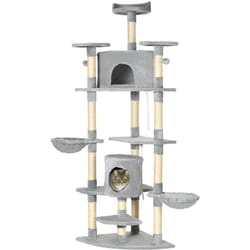 Arbre à chat multi-équipement griffoirs 2 niches 2 hamacs plateformes boules suspendues corde peluche grise