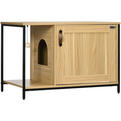 Maison de toilette pour chat style industriel porte entrée latérale boule suspendue châssis acier aspect bois clair