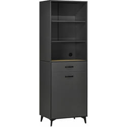 Buffet haut design industriel multi-rangement - porte avec étagère, tiroir, 3 niches - piètement métal noir mdf gris