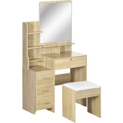 Homcom - Ensemble coiffeuse tabouret design contemporain multi-rangement 4 tiroirs 4 étagères grand miroir aspect chêne clair blanc