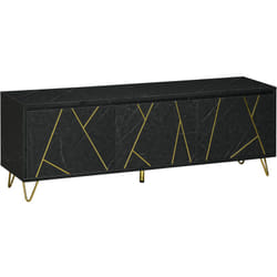 Homcom - Meuble tv banc tv style art déco - 3 portes, 2 étagères - piètement épingle métal doré mdf aspect marbre noir rainures dorées