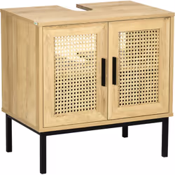 Description générale Ce joli meuble vasque de salle de bain en rotin aspect chêne clair, équipé d'un placard à 2 portes avec  ...