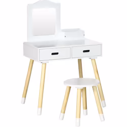 Zonekiz - Coiffeuse enfant design scandinave - tabouret inclus - 2 tiroirs, niche, miroir - bois pin mdf blanc