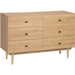 Commode vintage 6 tiroirs coulissants piètement bois de pin panneaux aspect bois de teck
