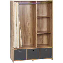 Vestiaire d'entrée - barre de penderie, 3 niches, 3 tiroirs tissu, rideau - panneaux aspect chêne clair polyester gris lin beige