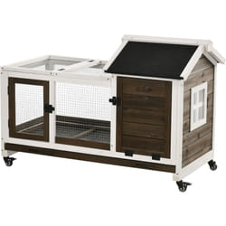 Clapier à lapin sur roulettes cage à lapin porte, rampe trappe verrouillables toit ouvrant niche bois sapin acier café blanc