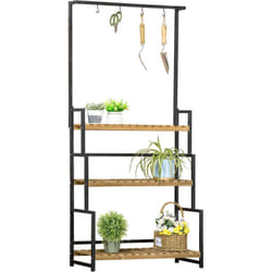 Outsunny - tagère échelle à fleurs 3 niveaux - porte plante bois 3 étagères - 4 crochets pour pots suspendus - métal noir bois sapin