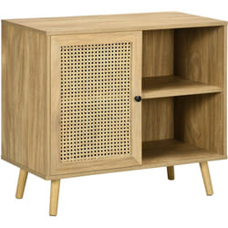 Buffet style bohème - 1 porte, étagère, 2 niches - piètement bois panneaux aspect bois manguier rotin