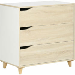 Commode design scandinave 3 tiroirs piètement effilé panneaux mdf blanc aspect bois clair