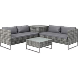 Ensemble salon de jardin d'angle 4 places - table basse, coffre - coussins assise déhoussables - métal époxy résine tressée gris