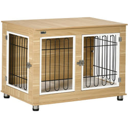 Cage pour chien sur pied - 2 portes verrouillables, coussin déhoussable inclus - acier filaire noir panneaux aspect bois clair