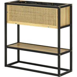 Outsunny - Jardinière sur pied style naturel - géotextile inclus, étagère intégrée - métal noir bois sapin verni bambou tressé