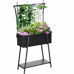 Cette jolie jardinière sur pieds en bois de sapin verni peint en noir et métal époxy noir vous permettra de faire vos plantat ...