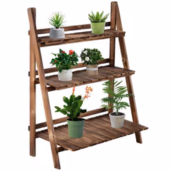 Étagère à plantes forme pyramidale échelle pliante avec 3 étagères - dim. 80L x 37l x 93H cm - bois sapin traité carbonisatio ...