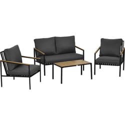 Ensemble salon de jardin design style colonial 4 places 4 pièces accoudoirs plateau aspect bois acier noir polyester gris