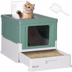 Pawhut - Maison de toilette pliable pour chat - tiroir à litière coulissant, porte battante et trappe transparente, pelle - blanc vert