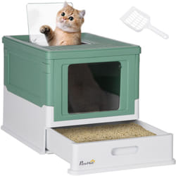 Pawhut - Maison de toilette pliable pour chat - tiroir à litière coulissant, porte battante et trappe transparente, pelle - blanc vert