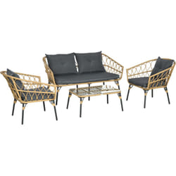 Outsunny - Salon de jardin 4 places 4 pièces style colonial table basse coussins gris inclus résine tressée aspect rotin