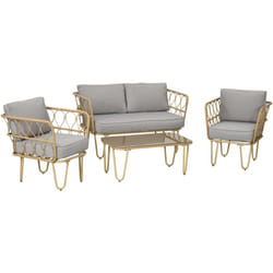 Outsunny - Salon de jardin 4 places 4 pièces style colonial résine tressée aspect rotin coussins gris