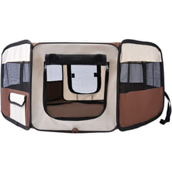 Pawhut - Parc enclos pliable chien chat ø 90 x 41H cm - 2 portes, 2 poches, sac transport - acier Oxford marron beige