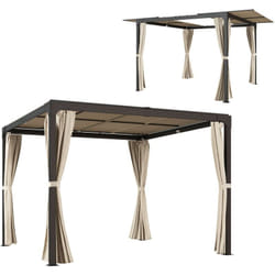 Outsunny - Pergola rétractable dim. 2,95L x 2,95l x 2,20H m double toit coulissant 4 rideaux alu. acier noir polyester beige