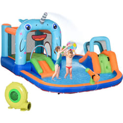 Château gonflable enfant - trampoline, toboggans, piscine, mur d'escalade, panier, pistolets eau, gonfleur, sac transport - polyester multicolore