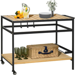 Desserte de jardin chariot pour plancha barbecue en bois et métal avec 2 étagères et 3 crochets - 107 x 65 x 80 cm noir naturel