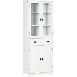 Armoire de cuisine buffet haut 4 portes 3 étagères tiroir verre trempé panneaux mdf blanc