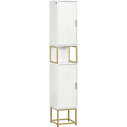 Kleankin - Meuble colonne rangement salle de bain design - 2 portes, 2 étagères, niche - acier doré mdf blanc
