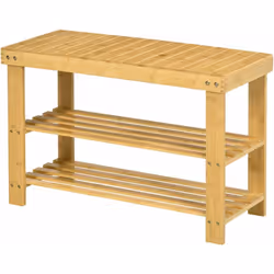 Avec des lignes épurées et une structure robuste en bois de bambou verni, ce banc à chaussures 2 étagères est la solution d'o ...